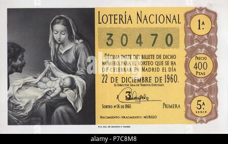 España. Décimo de la Lotería Nacional del sorteo del 22 de November de 1960. Nacimiento, fragmento de la obra de Murillo. Stockfoto