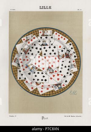 Platte mit Spielkarten aus Lille verziert. Handgefertigte Farblitho von Ris Paquot aus seiner allgemeinen Geschichte der alten französischen und ausländischen glasierte Keramik, Chez l'Auteur, Paris, 1874. Stockfoto