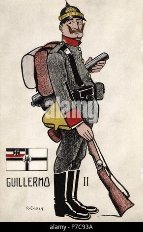 Guillermo II de Alemania (1859-1941), Último emperador Alemán. Caricatura. Tarjeta postal, año 1914. Stockfoto