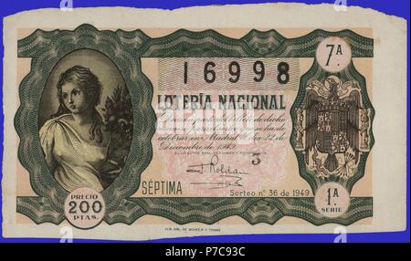 España. Décimo de la Lotería Nacional del del 22 de Dcieimbre Sorteo de 1949. Stockfoto