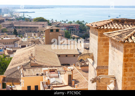 Wasserspeier der Kathedrale Santa Maria von Palma, auch als La Seu genannt, mit dem Meer im Hintergrund. Palma De Mallorca, Spanien Stockfoto