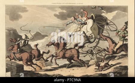 Das Skelett der Tod reitet ein Pferd in einem Vier-in-hand Wagen, wodurch es zu töten die Fahrgäste für die Beförderung zum Absturz bringen. Stockfoto