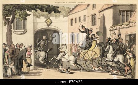 Das Skelett des Todes Fahrten vor einer hohen Tandem zum nächsten Erben zu sein Verhängnis unter einem niedrigen Bogen. Papierkörbe Kupferstich erstellt und von Thomas Rowlandson aus dem Englischen Tanz des Todes, Ackermann, London, 1816 eingraviert. Stockfoto