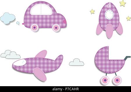 Vektor einrichten von niedlichen Baby girl clip art Elemente für Scrapbook oder baby dusche Grußkarte und Kids Design. Schneiden Sie isolierte Stoff oder Papier kariert Stock Vektor