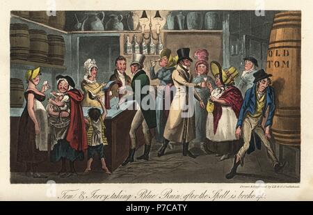 Englisch Herren slumming in einem Gin Shop mit Bettler und Baby, Schuhmacher und Diebe. Tom und Jerry, Blau Ruine nach dem Bann ist gebrochen. Papierkörbe Kupferstich von Isaac Robert Cruikshank und George Cruikshank von Pierce Egan Leben in London, Sherwood, Jones, London, 1823. Stockfoto