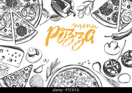 Italienische Pizza, Sammlung von Pizza mit Zutaten, Logo, Hand gezeichnet Vektor-illustration realistische Skizze, Stock Vektor