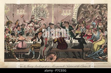 German Dandies und Belles in Phantasie-Kostüm auf einem Ball. Tom und Jerry kleine Skikönige bei einer Maskerade Abendmahl bei der Oper. Papierkörbe Kupferstich von Isaac Robert Cruikshank und George Cruikshank von Pierce Egan Leben in London, Sherwood, Jones, London, 1823. Stockfoto