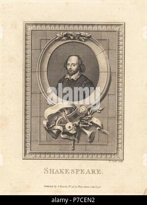 Porträt von William Shakespeare, englischer Dichter und Dramatiker, 1564-1616, in ein Oval mit Maske, Lyra, Horn und Farbband eingerichtet. Kupferstich von Thomas Cook von der Kupferplatte Magazin oder monatliche Schatz, G. Kearsley, London, 1776. Stockfoto