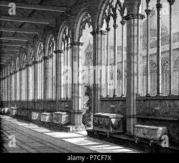 Pisa, Italien - Camposanto Monumentale, monumentale Friedhof mit Blick auf den Pisa Dom auf der Piazza dei Miracoli, mit gewölbten Fenstern und eine Sammlung von Römischen Sarkophage, vintage Gravur Stockfoto