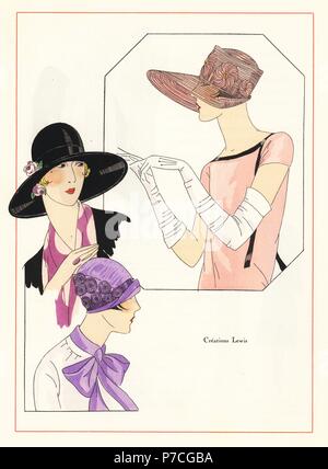 Frauen in modischen Hüte. Papierkörbe pochoir (Schablone) Lithographie von der Französischen luxus Mode Magazin Kunst, Gicht, Beauté, 1926. Stockfoto