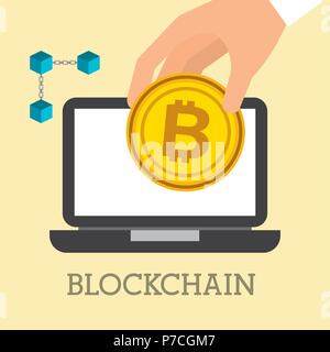 Hand mit bitcoin Laptop und blockchain Vector Illustration Stock Vektor