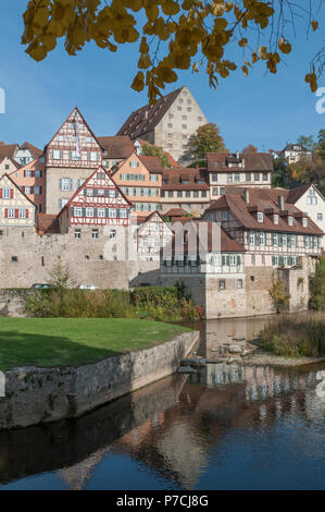 Fachwerk Häuser, grasboedele, Kocher, Schwaebisch Hall, Hohenlohe, Baden-Württemberg, Heilbronn-franken, Deutschland, Grasb ÷ Dele Stockfoto