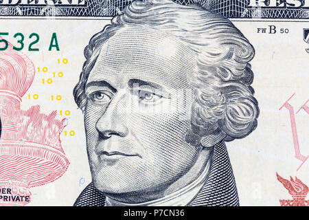 Nahaufnahme von Alexander Hamilton Portrait auf 10 US-Dollar Bill Stockfoto