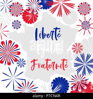 Vektor Karte mit Motto von Frankreich in französischer Sprache meanening Freiheit, Gleichheit, Brüderlichkeit auf Karte mit drei farbigen abstarct Feuerwerk eingerichtet Stock Vektor