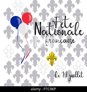 Vektor card Design für die Feier der Nationalfeiertag in Frankreich mit 14. Juli und Bastille Tag Text in Französisch und Fleur-de-lis Dekor Stock Vektor
