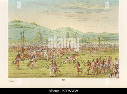 Choctaw Männer in Lendenschurz und Tail nur in einem Scrum oder Huddle während dem Ball-Spiel ähnlich wie Lacrosse oder Hockey. Handkoloriert Lithographie von George Catlins Sitten, Bräuche und Zustand der nordamerikanischen Indianer, London, 1841. Stockfoto