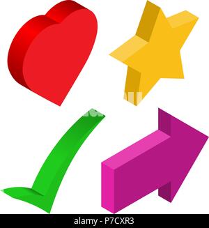 Satz von Vector3D isometrische Symbole: Herz, Pfeil, Stern und Häkchen Stock Vektor