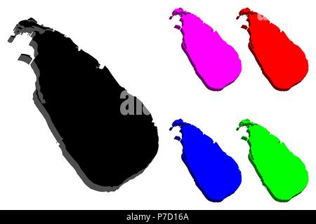 3D-Karte von Sri Lanka (Demokratische Sozialistische Republik Sri Lanka, Ceylon) - Schwarz, Rot, Lila, Blau und Grün-Vector Illustration Stock Vektor