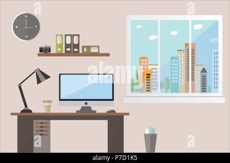 Flache design vector Abbildung: ein Büro Arbeitsplatz Brauntöne mit Blick auf die Stadt. Stock Vektor