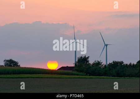 Windkraftanlagen vor der untergehenden Sonne, Nidda, Hessen, Deutschland Stockfoto