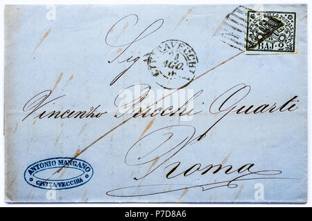 1852 Kirchenstaat (Italien) Briefmarke auf Brief. Stockfoto