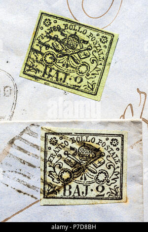 1852 Kirchenstaat (Italien) Briefmarke auf Brief. Stockfoto