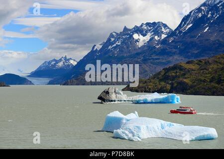 Exkursion Boot auf See Grau mit Eisschollen, Grey Gletscher im Hintergrund, Torres del Paine National Park Stockfoto