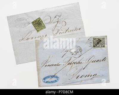 1852 Kirchenstaat (Italien) Briefmarke auf Brief. Stockfoto