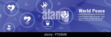 Frieden in der Welt Web Header Banner mit Taube Globus Hand & Herz Icon Set Stock Vektor