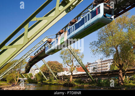 Schwebebahn, WSW GTW Generation 15, über die Wupper, Wuppertal, Bergisches Land, Nordrhein-Westfalen, Deutschland Stockfoto