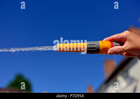 Spritzwasser, Gartenschlauch Wasser verbieten, Gartenschlauch, Bewässerung, Garten, Großbritannien Stockfoto