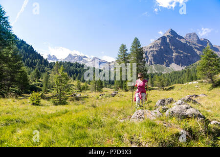 Frau in den 30er zu Fuß in die Berge im Sommer Stockfoto