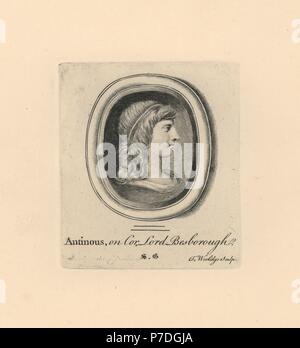 Porträt des Antinoos, Bithynian griechischen Jugend und Geliebte des römischen Kaisers Hadrian, auf Karneol aus Herrn Bessborough Sammlung. Kupferstich von Thomas Worlidge von James Vallentins eine hundert und acht Stiche aus antiken Perlen, 1863. Stockfoto