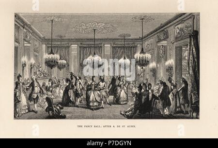 Fancy Ball im Haus von Monsieur Villemorien Fila. Lithografie nach Augustin de Saint-Aubin von Paul Lacroix' des achtzehnten Jahrhunderts: ihre Institutionen, Sitten und Trachten, London, 1876. Stockfoto