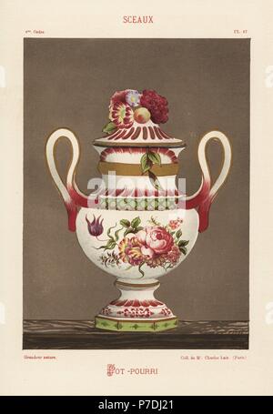 Pot-Pourri Vase und Deckel mit Löchern von Sceaux, Paris, Frankreich, 18. Jahrhundert, mit Blumen geschmückt und Laub. Handgefertigte Farblitho von Ris Paquots allgemeine Geschichte der alten französischen und ausländischen glasierte Keramik, Chez l'Auteur, Paris, 1874. Stockfoto