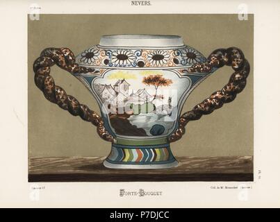 Tür oder Porte-Bouquet Vase von Nevers, Frankreich, mit Landschaft. Handgefertigte Farblitho von Ris Paquots allgemeine Geschichte der alten französischen und ausländischen glasierte Keramik, Chez l'Auteur, Paris, 1874. Stockfoto