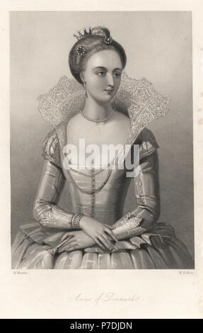 Anna von Dänemark, Königin und Ehefrau von König James I von England. Stahlstich von W.H. Mote nach einem Portrait von H. Warren von Mary Howitt Biographische Skizzen der Königinnen von England, Tugend, London, 1868. Stockfoto