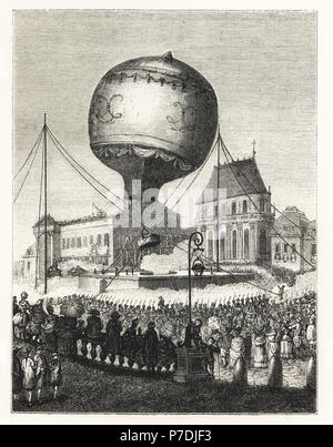 Die Gebrüder Montgolfier' Ballon Start von Versailles in Anwesenheit des Königs, September 1783. Joseph-Michel Montgolfier und Jacques-Etienne Montgolfier. . Lithographie von Paul Lacroix' des achtzehnten Jahrhunderts: ihre Institutionen, Sitten und Trachten, London, 1876. Stockfoto