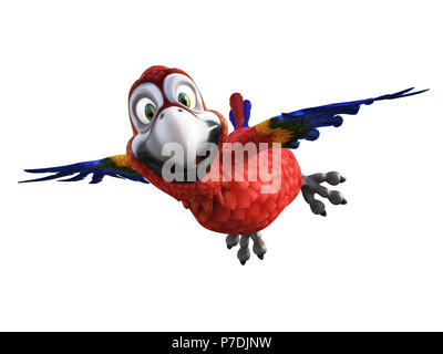 3D-Rendering von Cartoon parrot Fliegen mit seinem Flügel heraus, lächelt und schaut sehr glücklich. Weißer Hintergrund. Stockfoto