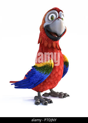 3D-Rendering von Cartoon Parrot lächelnd und sehr glücklich. Weißer Hintergrund. Stockfoto