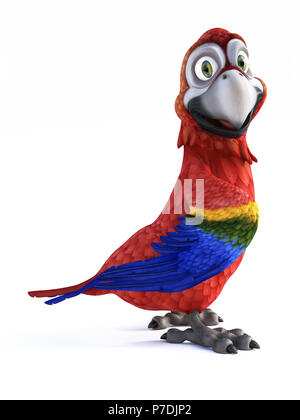 3D-Rendering von Cartoon Parrot lächelnd und sehr glücklich. Weißer Hintergrund. Stockfoto