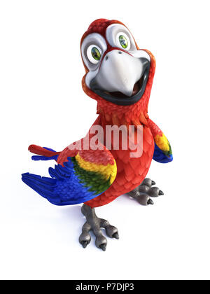 3D-Rendering von Cartoon Parrot lächelnd und sehr glücklich. Weißer Hintergrund. Stockfoto