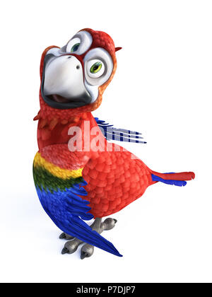 3D-Rendering von Cartoon Parrot lächelnd und sehr glücklich. Weißer Hintergrund. Stockfoto