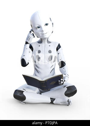 3D-Rendering von Roboter Kind sitzen auf dem Boden, ein Buch lesen und schauen, wie es das Denken über etwas. Weißer Hintergrund. Stockfoto