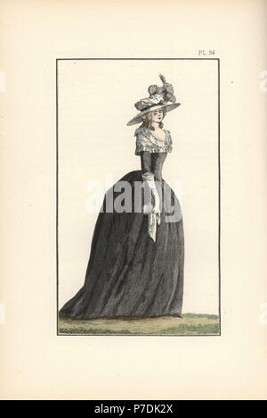 Frau in Trauer Kleid aus schwarzem Taft, Fichu aus weißem italienischen Gaze, und Motorhaube - Hut in Weiß Crepe. Papierkörbe Lithographie von Moden und Gebräuche der Marie Antoinette und ihre Zeiten, die von Le Comte de Reiset, Paris, 1885. Das Journal der Madame Eloffe, Schneiderin und Bettwäsche - Kaufmann der Königin und Damen des Hofes. Stockfoto