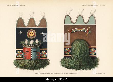 Maske des Er bin ishiikwe mit Tablet, Zuni Nation. Chromolithograph bis August Hoen von John Wesley Powell's 23. Jahresbericht des Präsidiums der amerikanischen Ethnologie, Washington, 1904. Stockfoto