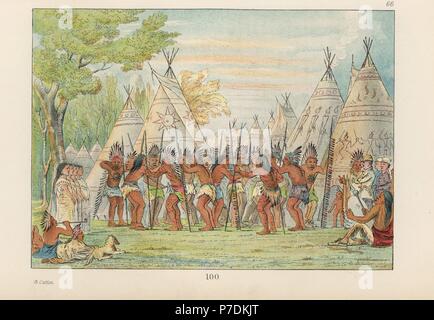 Sioux Häuptlinge und Medizinmänner tanzen für George Catlin zu einem Chor von Frauen Sänger und Schlagzeuger. Im Hintergrund dekoriert Tipis. Handkoloriert Lithographie von George Catlins Sitten, Bräuche und Zustand der nordamerikanischen Indianer, London, 1841. Stockfoto