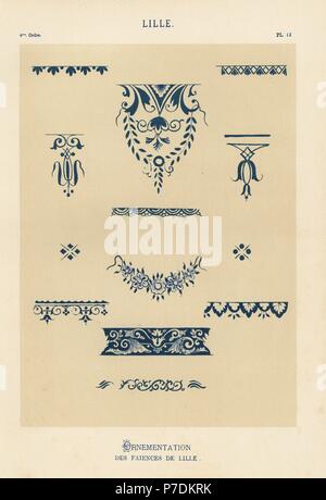 Dekorationen aus Keramik von Lille, Frankreich. Handgefertigte Farblitho von Ris Paquots allgemeine Geschichte der alten französischen und ausländischen glasierte Keramik, Chez l'Auteur, Paris, 1874. Stockfoto