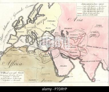 Karte der Welt, die die Grenzen der Römischen, Mazedonisch, Persisch und assyrischen Reiche. Papierkörbe Kupferstich von Andrea Bernieri von Giulio Ferrario von Antike und Moderne Kostüme aller Völker der Welt, Florenz, Italien, 1843. Stockfoto