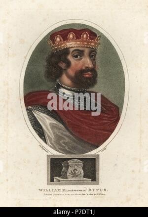 Portrait von Wilhelm II. oder William Rufus, (c) 1056-1100, König von England, in der Krone, Umhang und Tasche. Papierkörbe Kupferstich von John Wilkes' Enzyklopädie Londinensis, 1802. Stockfoto